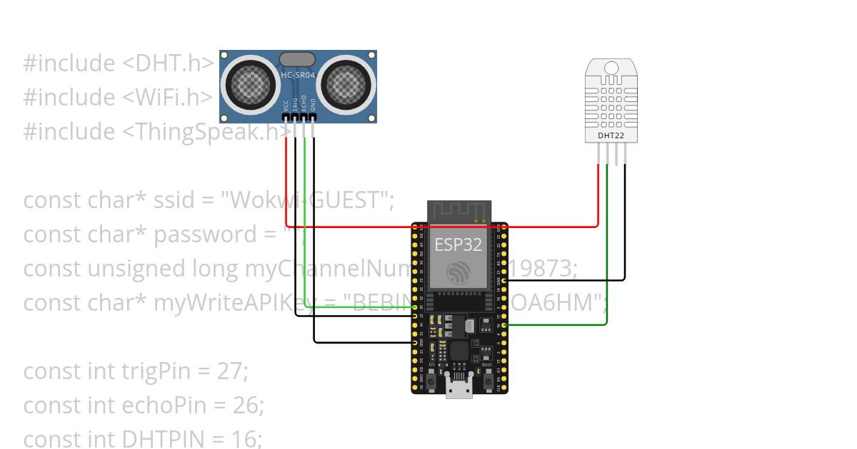 SD Ultrasonic and DHT connected with WiFi to Thingspeak simulation