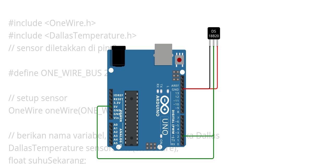 Eksperimen Sensor Suhu DS18B20 simulation