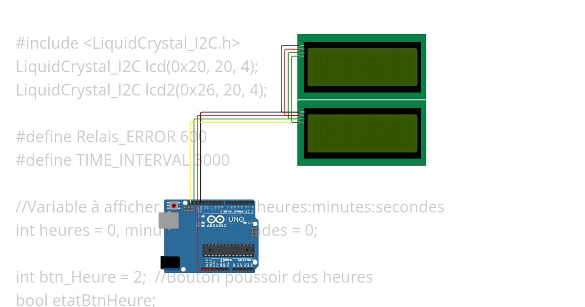 2 LCD I2C 20x4 et 1 LCD I2C 16x2 simulation