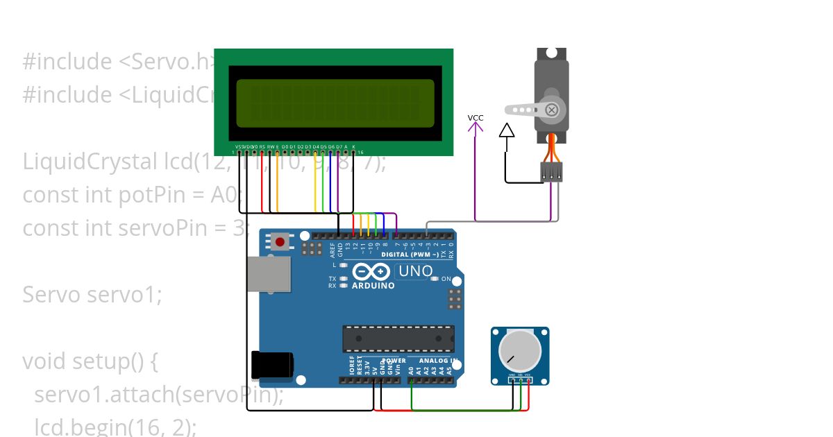 4: แสดงมุมของเซอร์โวมอเตอร์บนจอ LCD  วัตถุประสงค์: แสดงมุมปัจจุบันของเซอร์โวมอเตอร์บนจอ LCD ขณะปรับมุมด้วย potentiometer  simulation