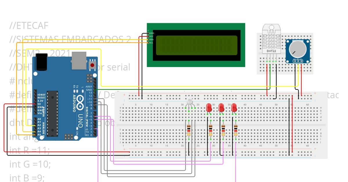 : LCD+I2C+DHT+POT+LED+Condições simulation