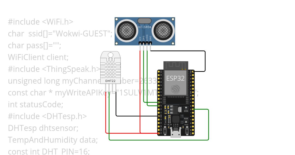 Ultrasonic && DHT22 with wifi in ThingSpeak simulation