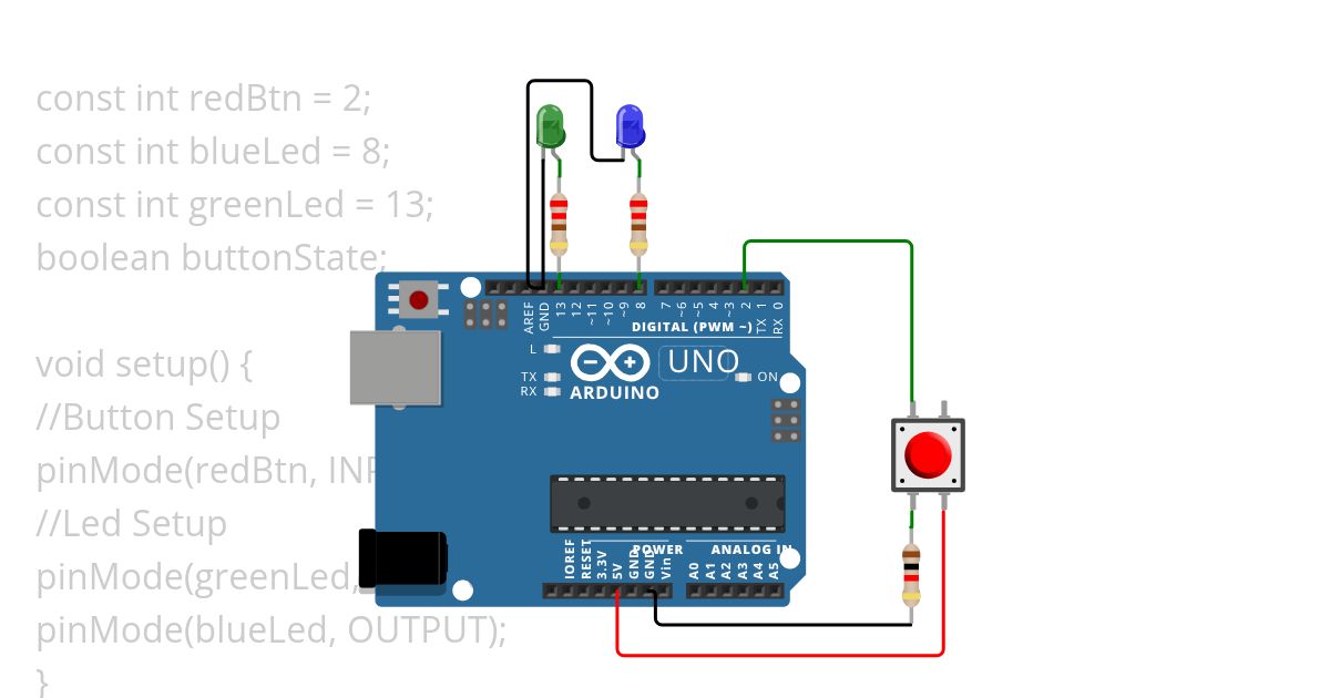Two LEDs control by one push button Copy simulation