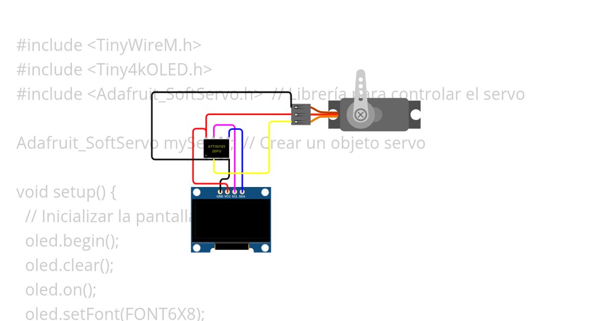 funca ATtiny85 Oled ssd1306 servo 30 grados simulation