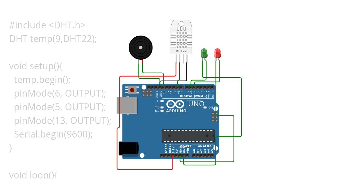 DHT22 and leds and Buzzer with graph simulation