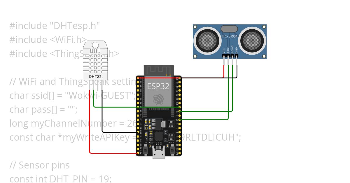 ultrasonic and dht intergrated wifi  and thingspeak  simulation