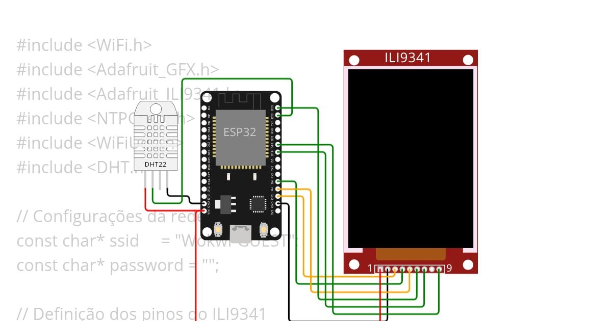 Leitura do DHT22 e mostrar no Display TFT com o ESP32 simulation