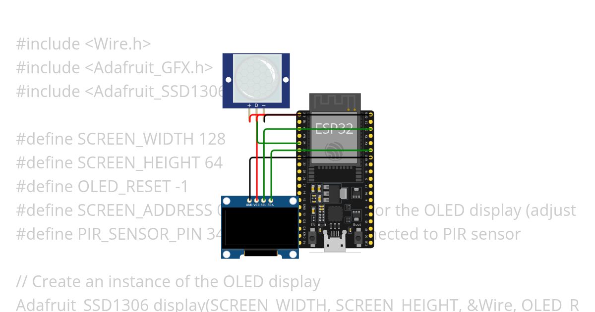 Use OLED display with ESP32 to print PIR analog sensing readings. simulation
