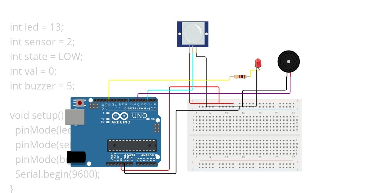 Burglar alarm security system using PIR sensor and Buzzer  simulation