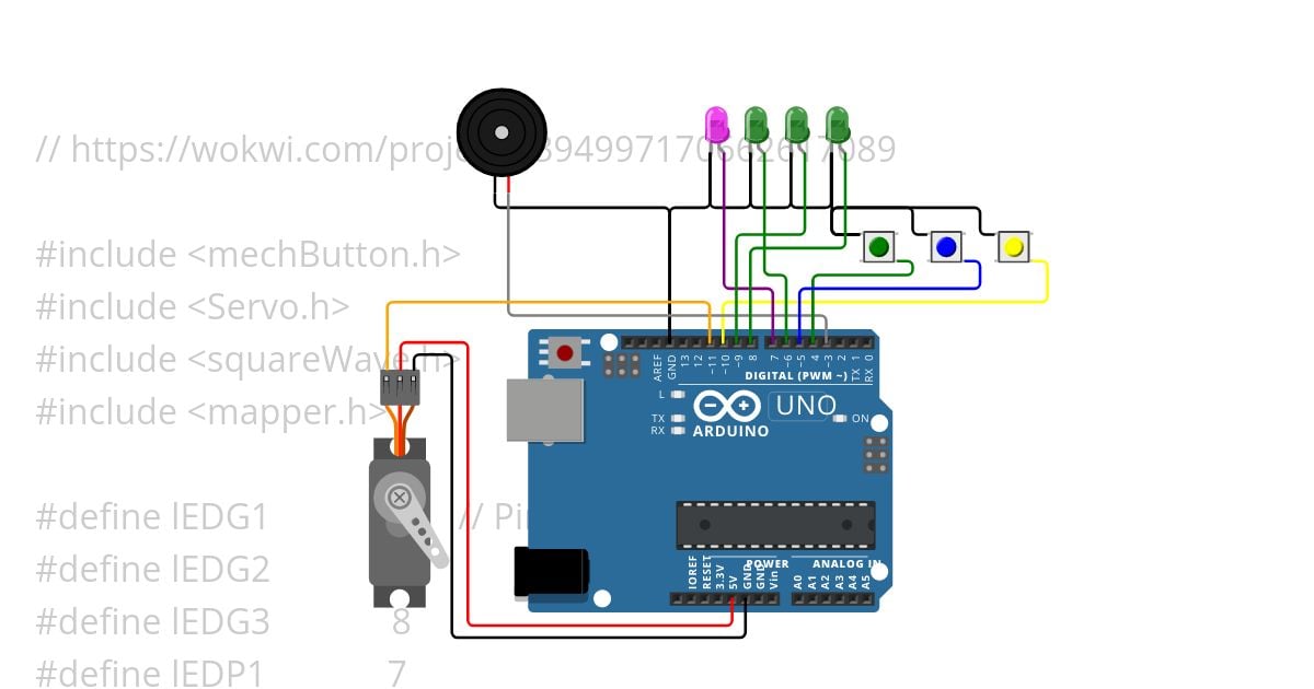 LEDs, Buttons, servo & a buzzer Copy simulation