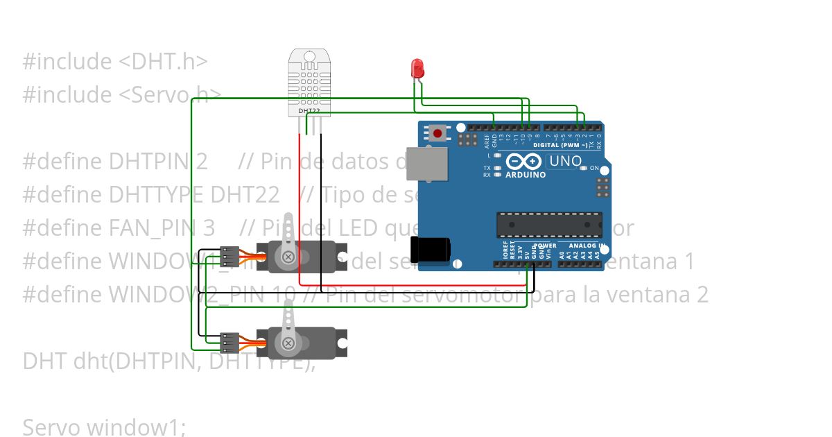 Invernadero Automatizado con Control de Temperatura y Humedad: Simulando la apertura de ventanas o encendido de ventiladores. simulation
