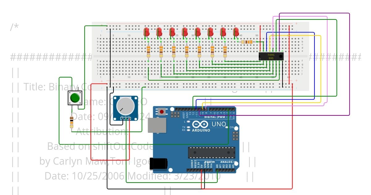 595 Shift Register - Binary Counter on a Uno w pause button and speed control simulation