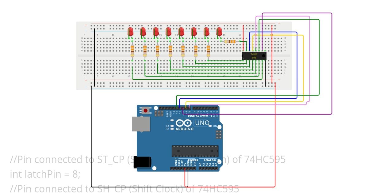 595 Shift Register - Serial Read (0-7) on an Uno simulation