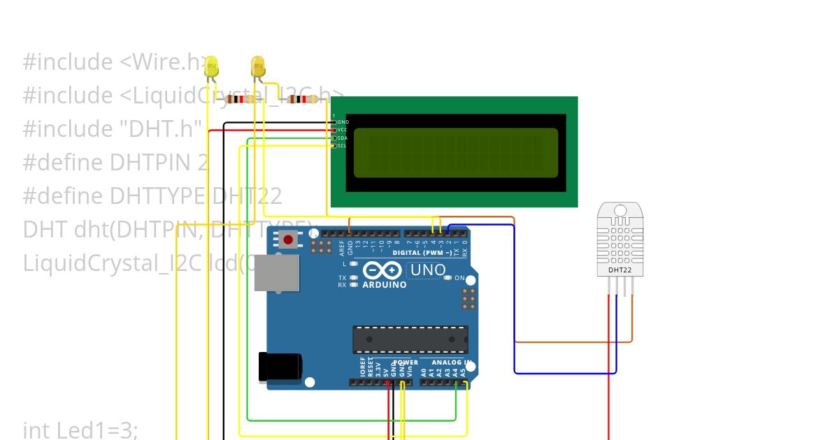 DHT + LCD + LEDS simulation