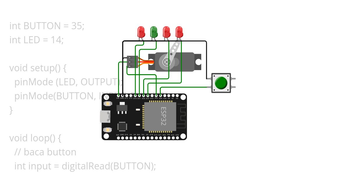 ESP32 servo dan led dan push button simulation