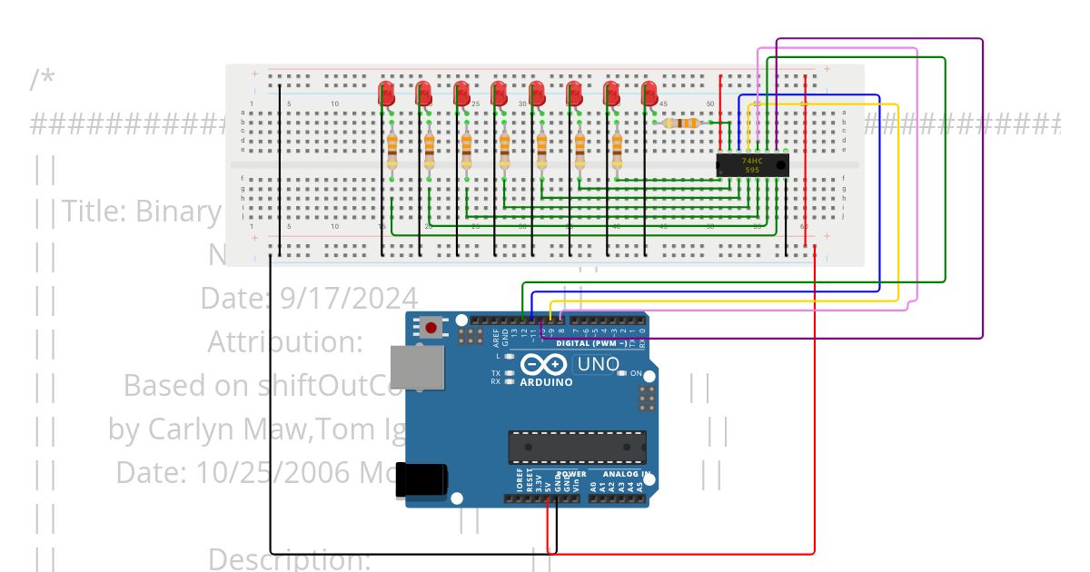 595 Shift Register - Binary Counter on an Uno simulation