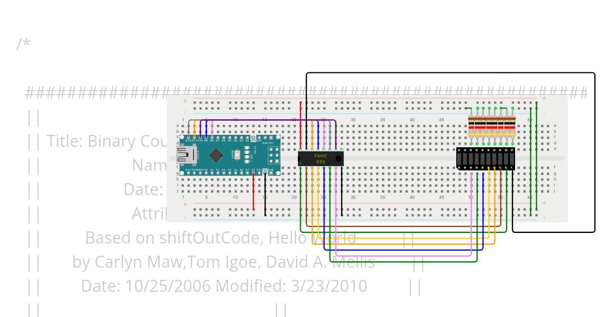 595 Shift Register Binary Counter on Nano LED Bar Graph simulation