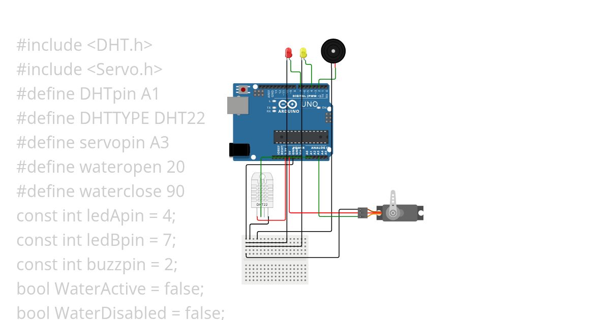 DHT22 Sensor to Buzzer and LED simulation