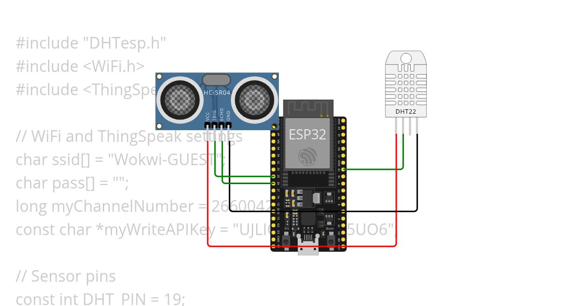 DHT and Ultrasonic integerated with wifi and thingspeak 2 simulation