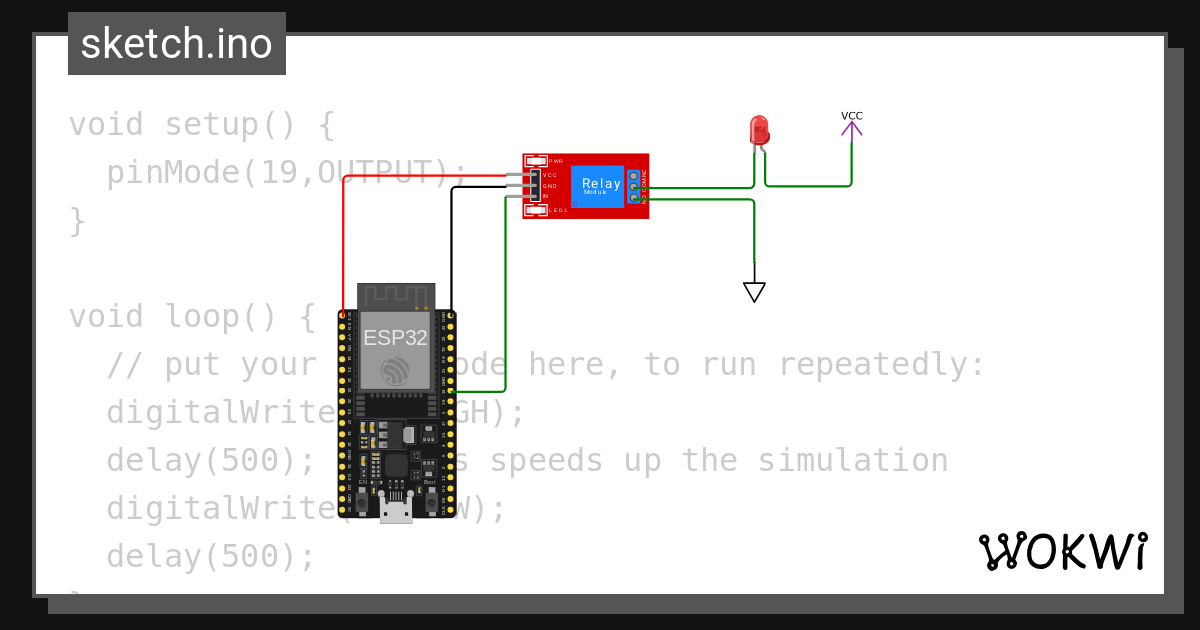 blinking led pattern controiled by relay - Wokwi ESP32, STM32, Arduino ... image.