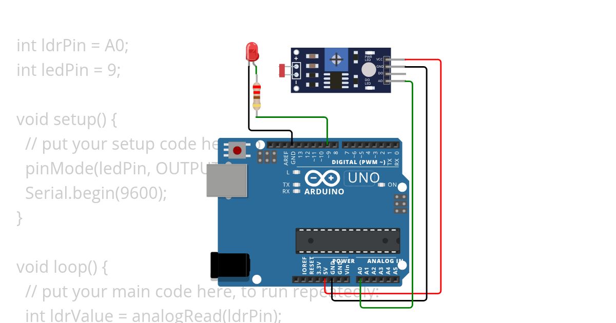 Membaca Nilai Analaog Sensor LDR Untuk Menyalakan LED simulation