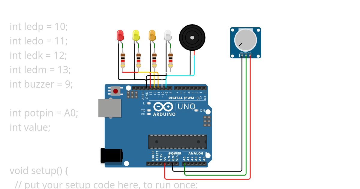 Menyalakan LED dan Buzzer dengan Nilai Analog simulation