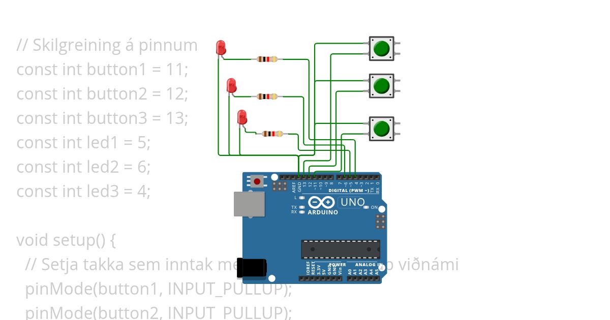 Kóðadæmi - takki kveikir á einni díóðu Copy (2) ChatGPT simulation