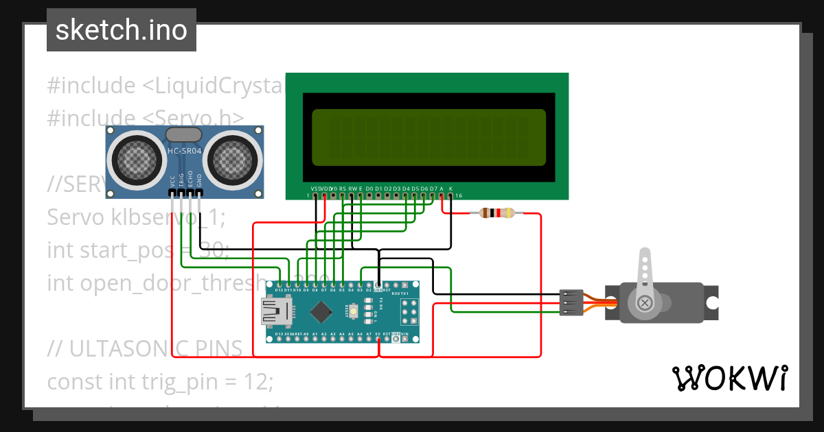 Kadosh_4_ultrasonic_lcd_servo Wokwi ESP32, STM32, Arduino Simulator