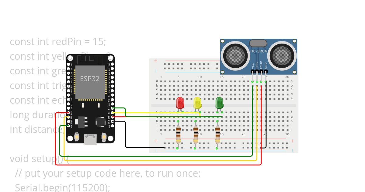 Connect ESP32 with HC-SR04 with LEDs ( Ultrasonic Sensor ) Copy simulation