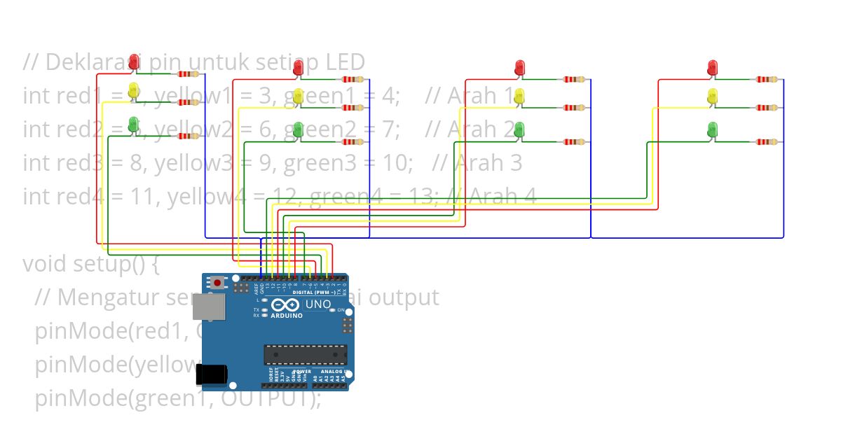 Proyek Lampu Lalu Lintas Simpang Empat dengan Arduino simulation