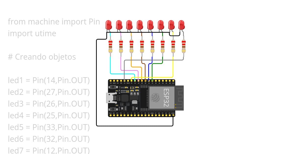 Listas y ciclo for con leds programadas en Python con ESP32 simulation