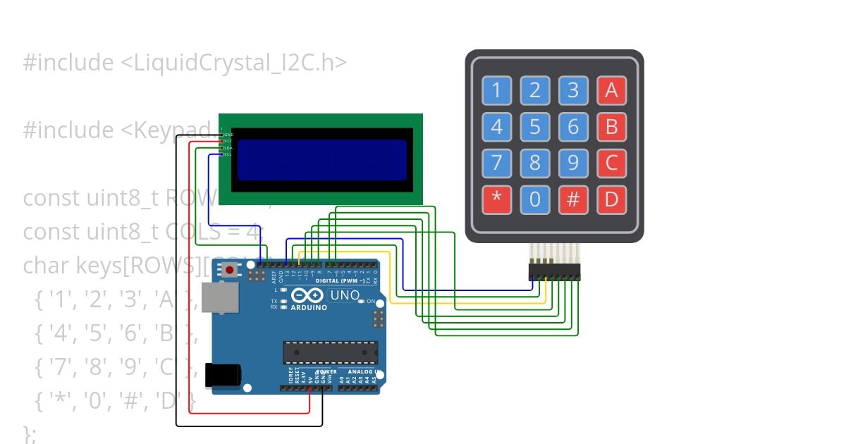 LCD 16x2 I2C and 4x4 Keypad Key Capture simulation