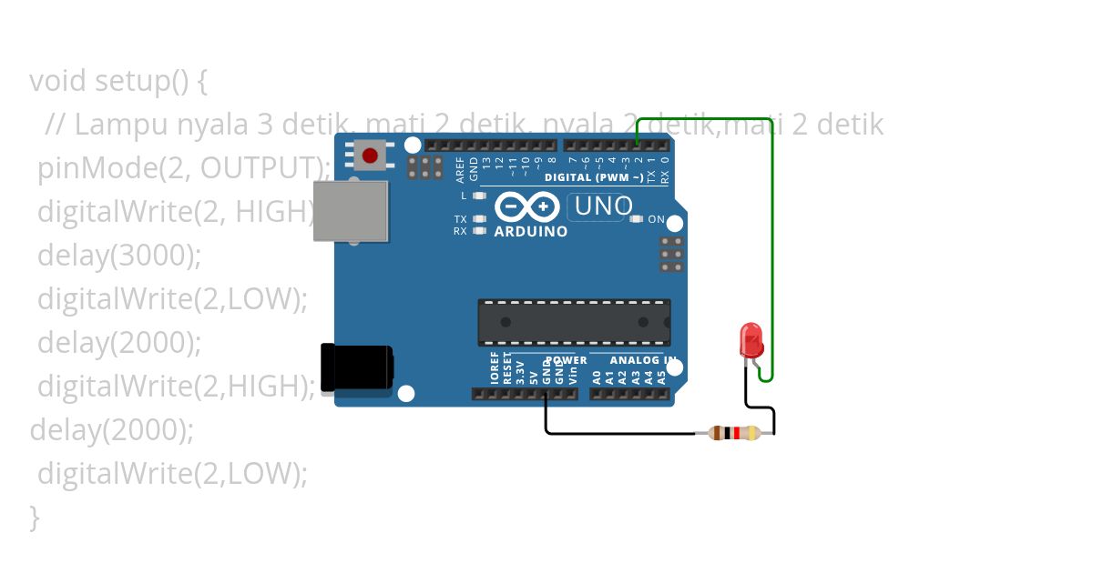 ARDUINO VIGOR (Lampu nyala 3 detik, mati 2 detik, nyala 2 detik,mati 2 detik) simulation