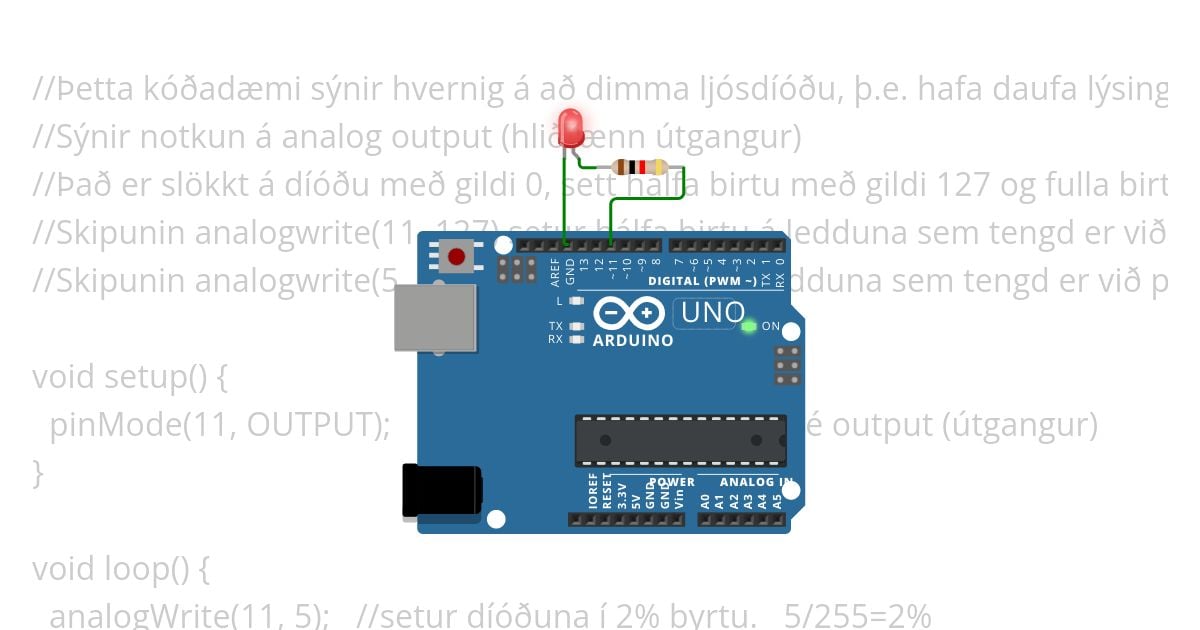 Kóðadæmi - dimma/byrta leddu (analog output) Copy simulation