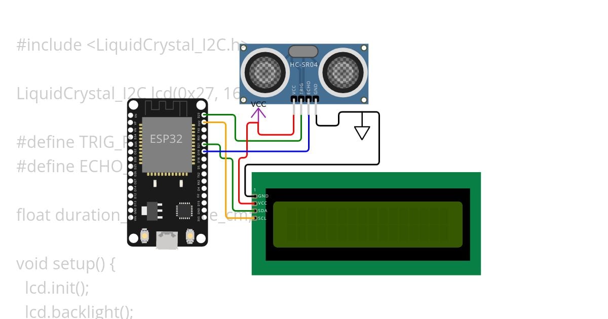 Ultrasonic Sensor with esp32 displaying Distance on LCD Copy simulation