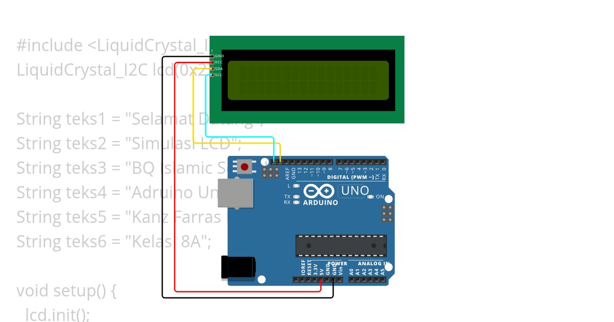 Simulasi Praktikum Running Text LCD I2C simulation