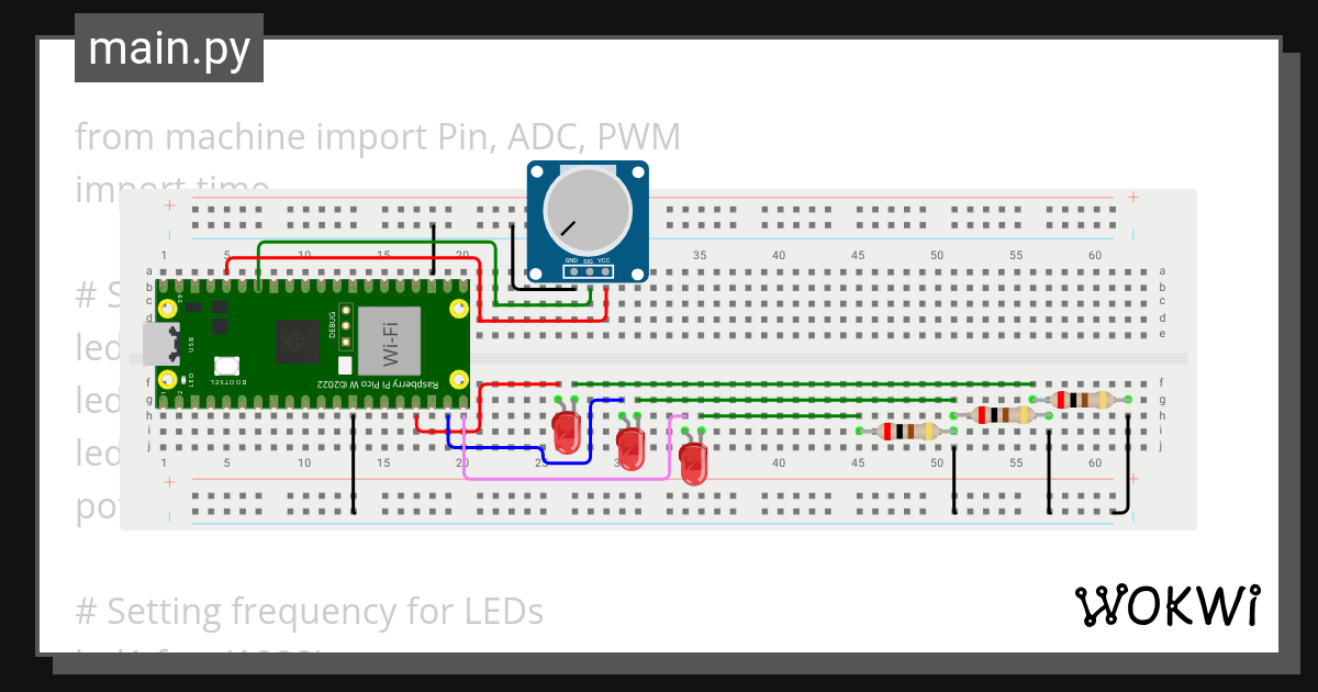 3 leds breadboard Wokwi ESP32, STM32, Arduino Simulator