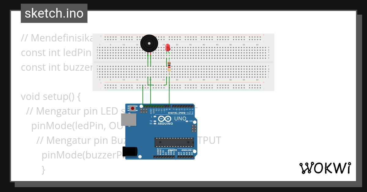 Breadboard, buzzer, dan led - Wokwi ESP32, STM32, Arduino Simulator