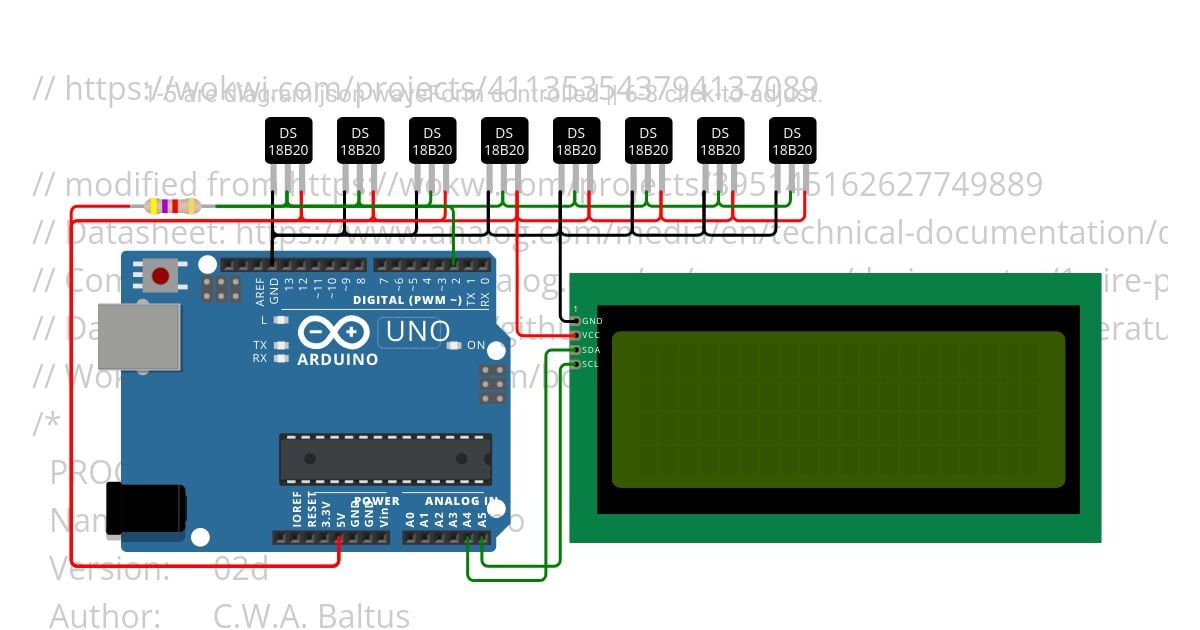 8 DS18B20 OneWire Arduino Uno Experiments simulation