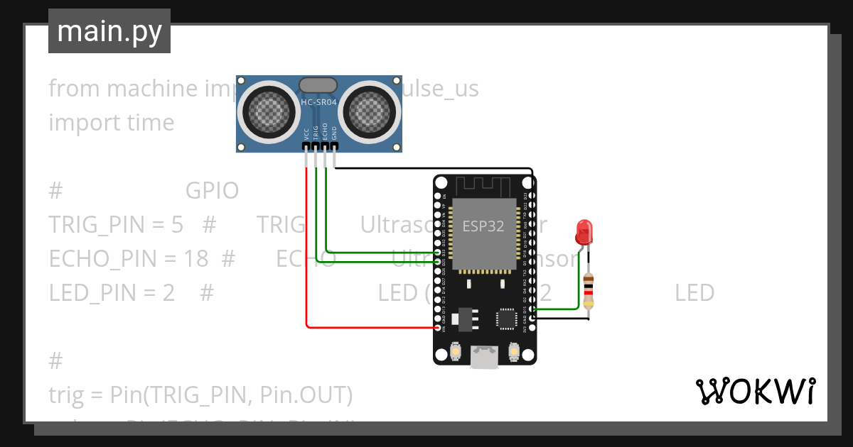 Ultrasonic sensor & LED - Wokwi ESP32, STM32, Arduino Simulator