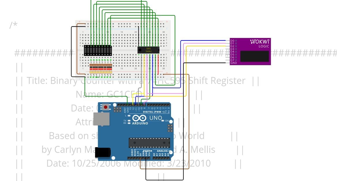 595 Shift Register - Binary Counter LED Bar Graph w Logic Analyzer simulation