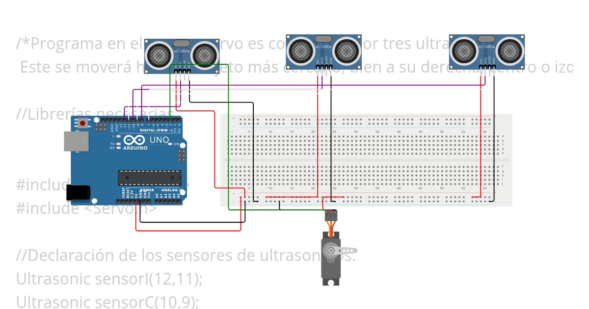 PROYECTO VII (CLAUDIA) - SERVO CONTROLADO POR TRES ULTRASONIDOS (18/12/2024) simulation