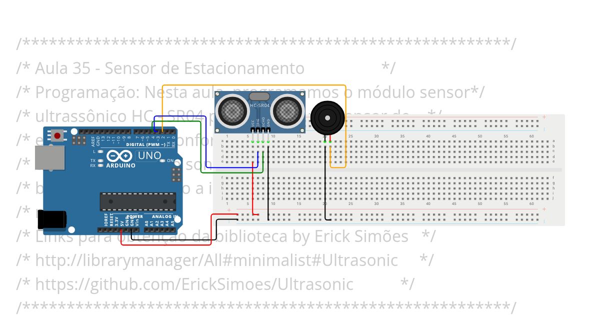 Aula 35 - Sensor de Estacionamento - Buzzer - Sensor Ultrassom simulation