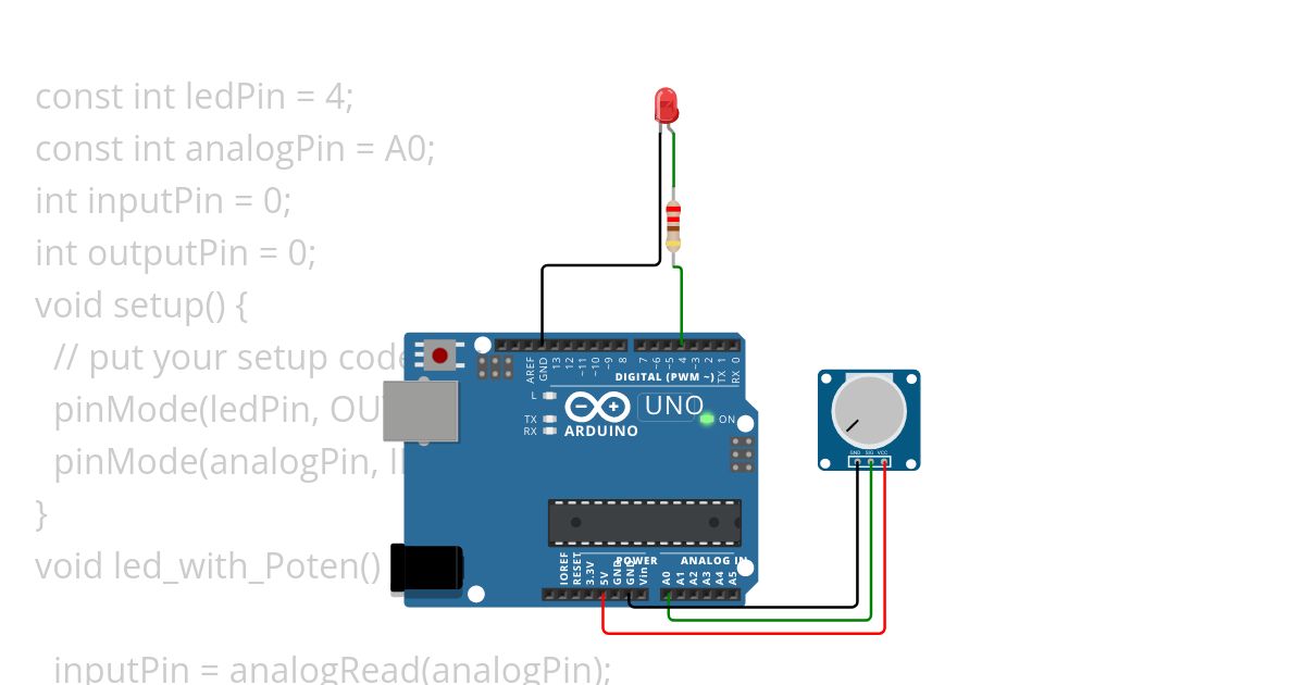 Lesson 4 Controlling an LED by Potentiometer simulation