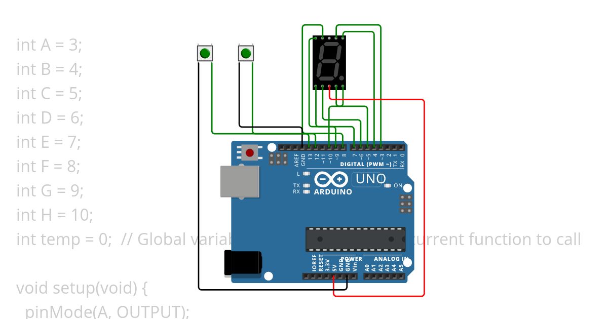 count up and count down  according to the input from the 2 push button switch and display on a sevensegment simulation