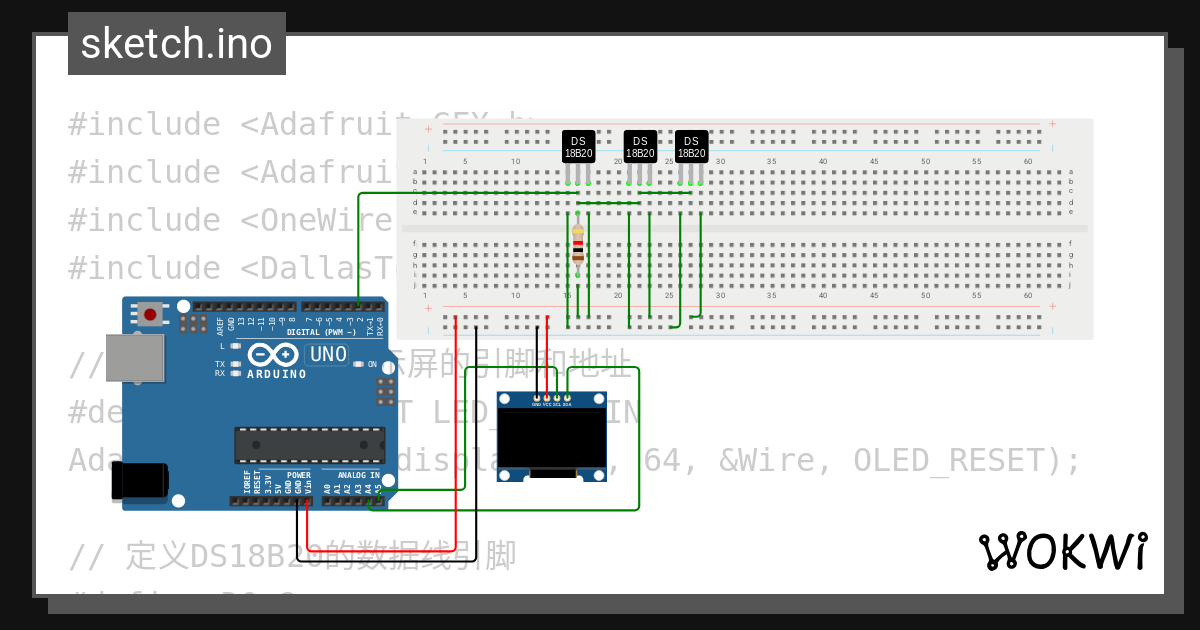 lxy 实验三 读取多个DS18B20温度 - Wokwi ESP32, STM32, Arduino Simulator