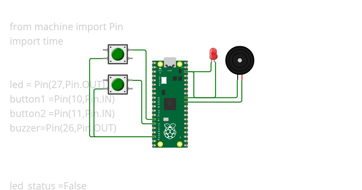 2pushbutton_LED_Buzzer_raspberryPi simulation