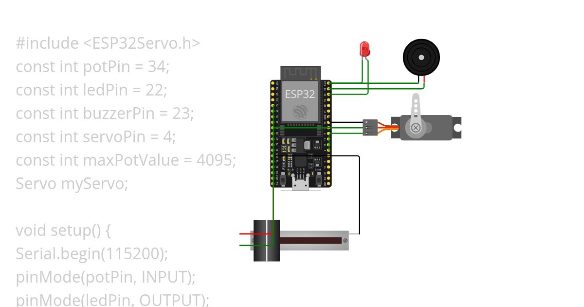SISTEM KENDALI AKTUATOR MOTOR SERVO DENGAN LED, BUZZER, DAN SLIDE POTENSIOMETER simulation