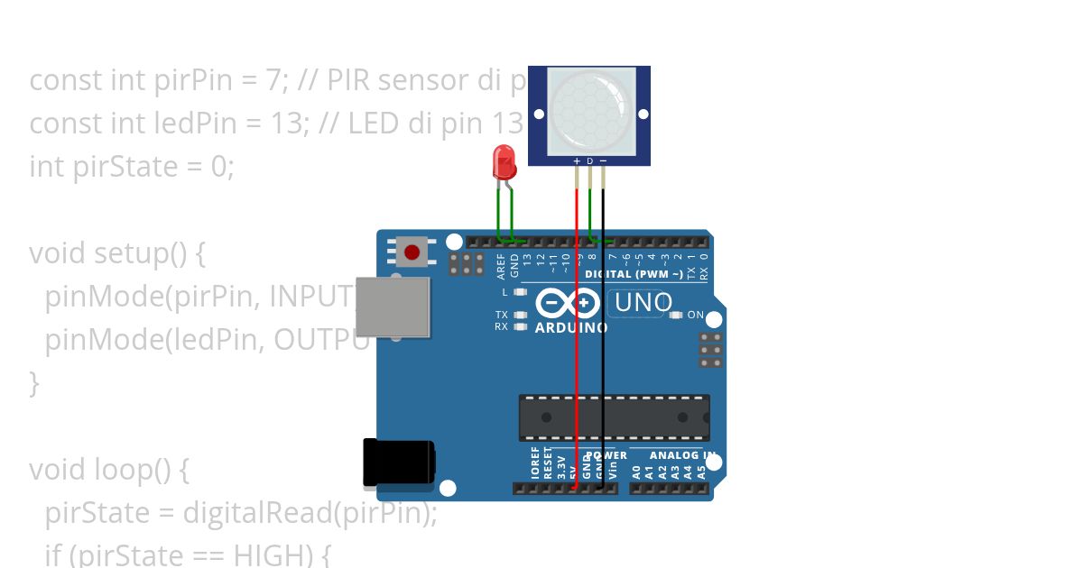 Menggunakan sensor PIR untuk mendeteksi gerakan dan memberikan sinyal ke LED simulation
