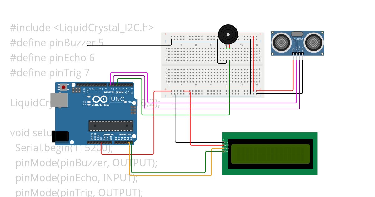 Buzzer-Ultrasonic-LCD16x2I2C simulation
